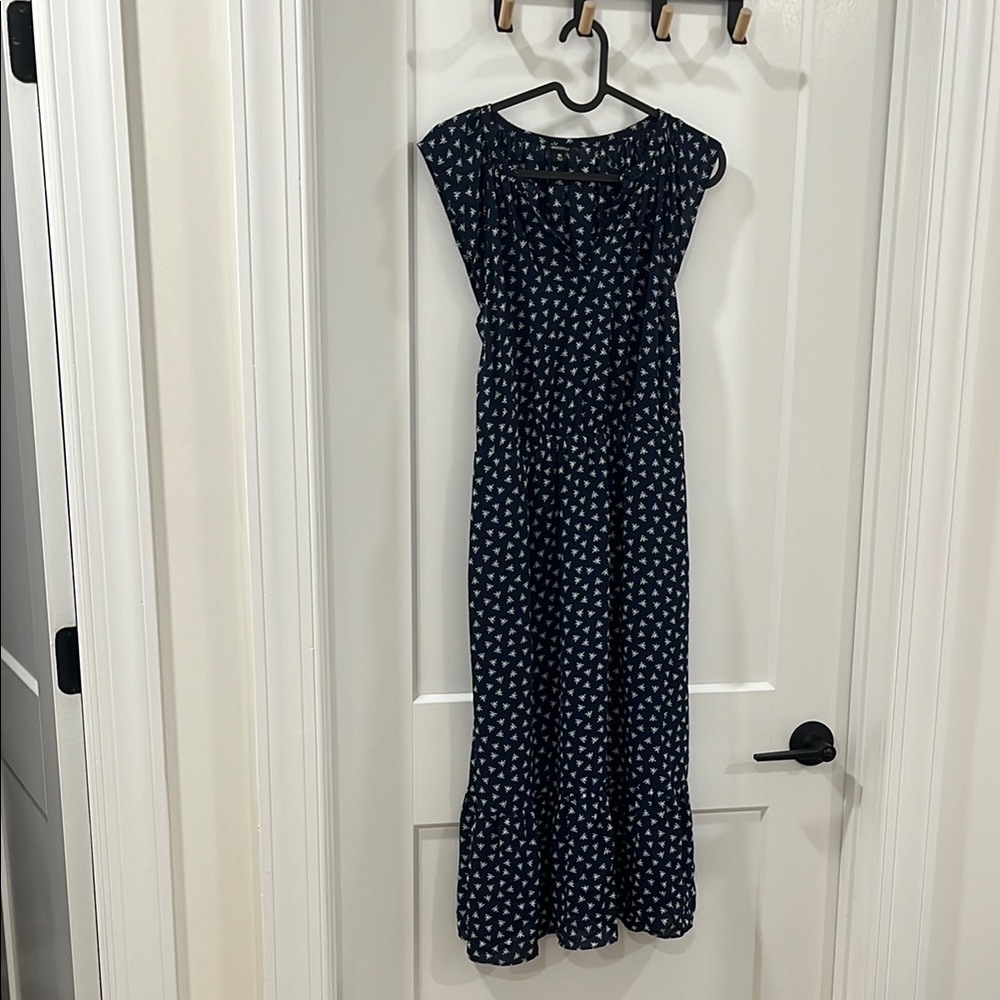 Navy Blue and White Polka Dot Ruffled Maxi Sundress